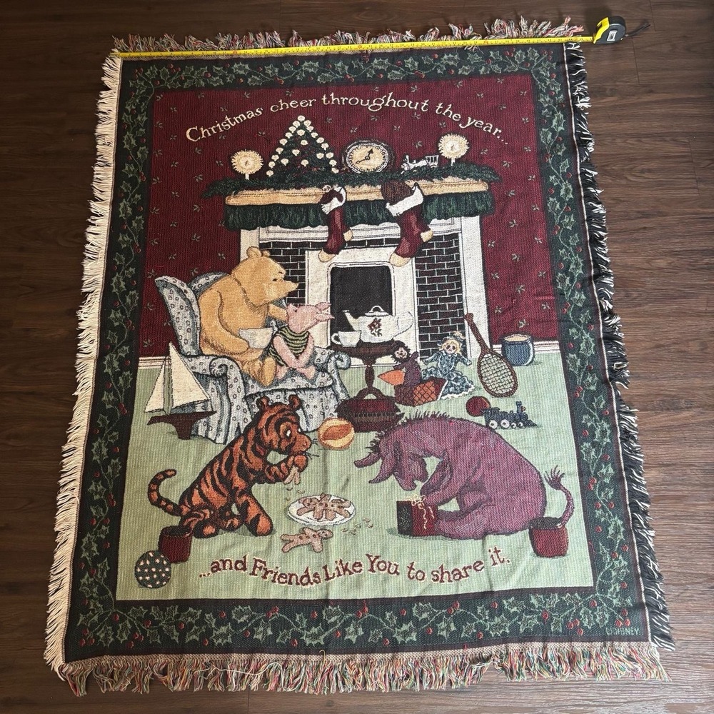 Disney Classic Pooh Christmas Woven Tapestry Throw Blanket 100% Cotton USA 58x45